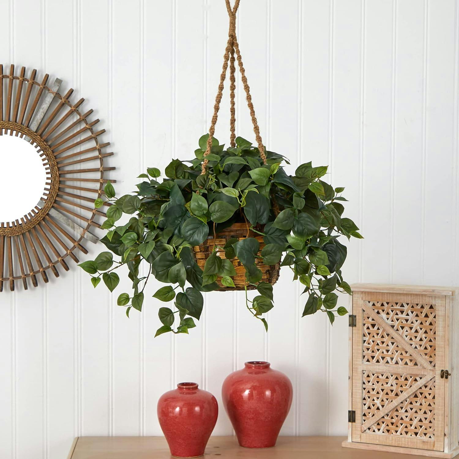 Lush Green Silk Philodendron in Decorative Plastic Hanging Basket
