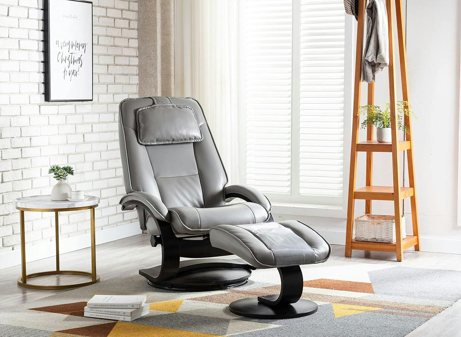 Transitional Gray Leather Swivel Recliner with Wood Accents