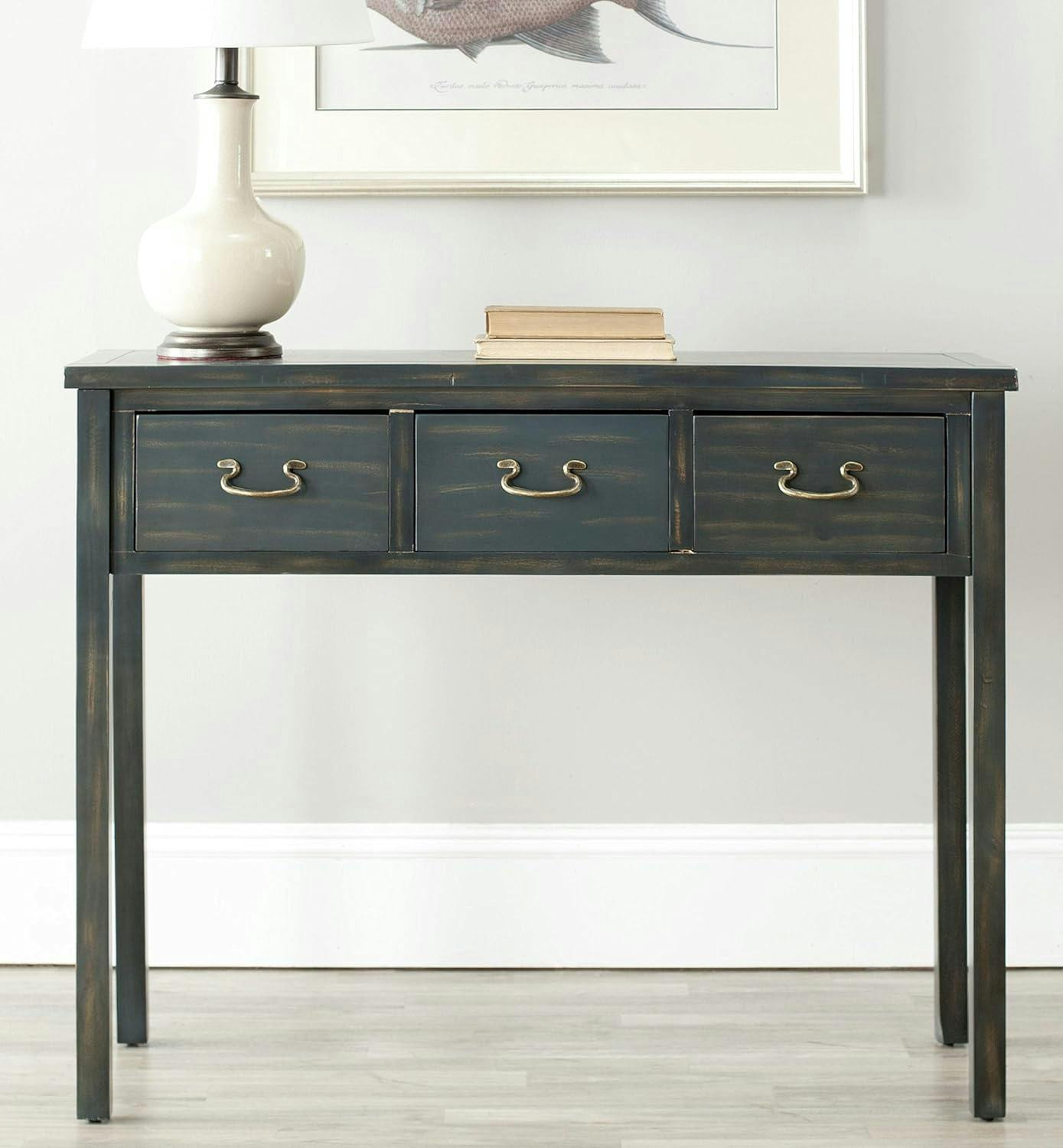 Transitional Slate Teal 3-Drawer Rectangular Console Table with Brass Hinges
