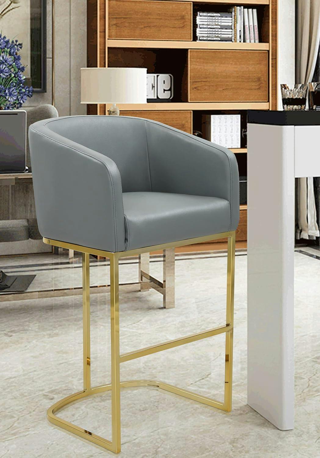 Tess Modern Gray Leather Bar Stool with Gold Metal Frame
