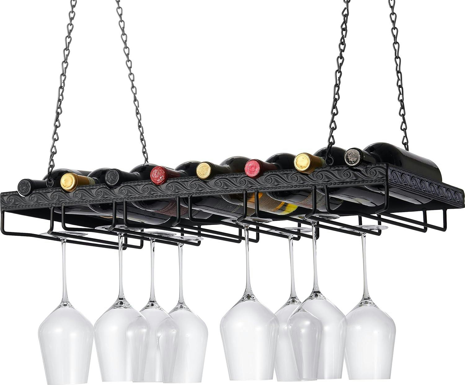 Modern 8-Bottle Black Metal Ceiling Hanging Wine & Glass Rack