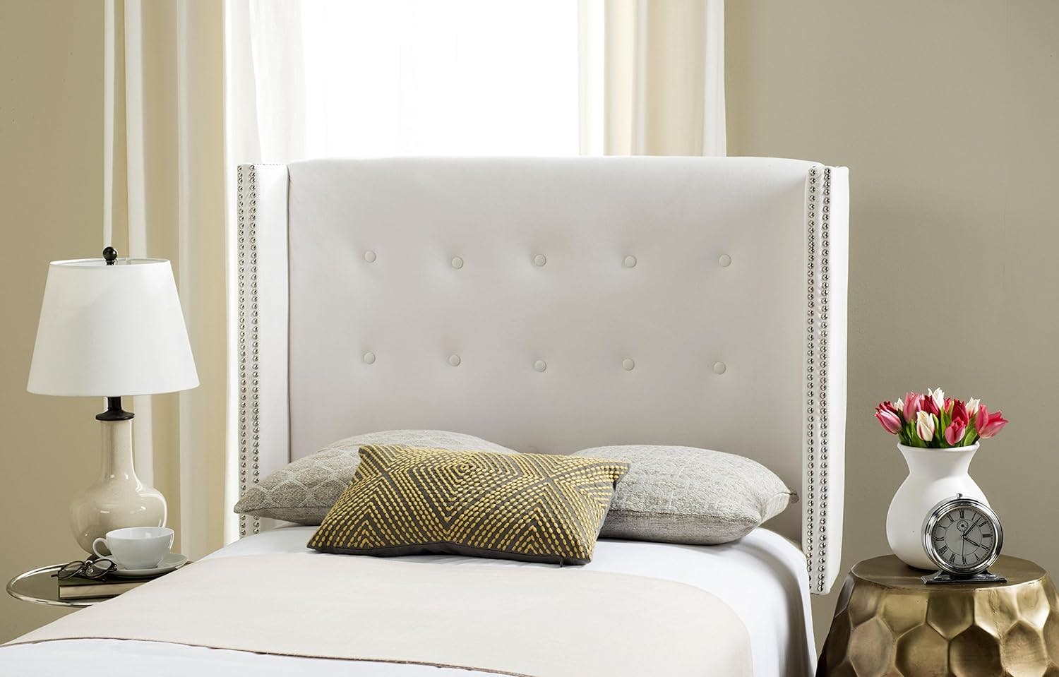 Elegant White Velvet Tufted Queen Winged Headboard with Silver Nailheads