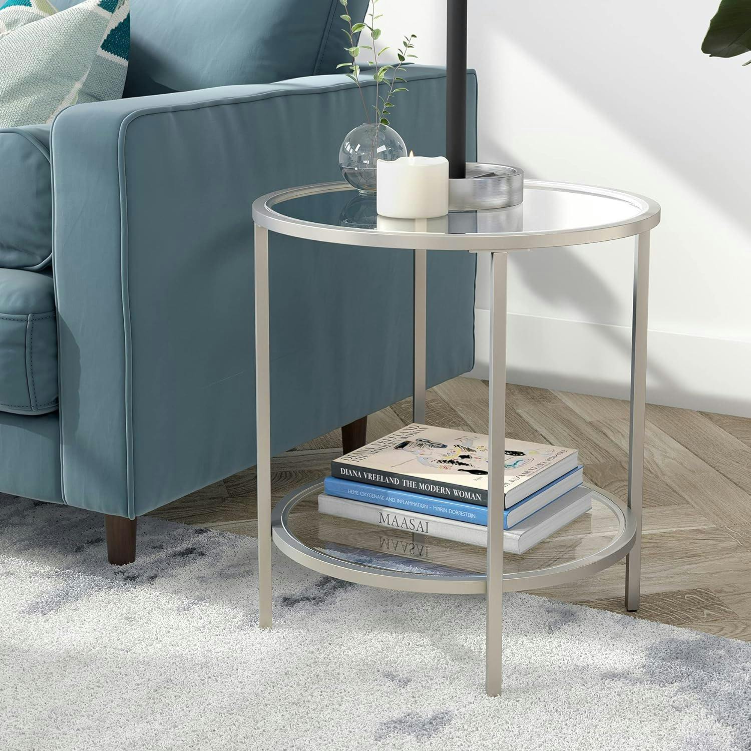 Satin Nickel 20" Round Metal & Glass Side Table with Shelf
