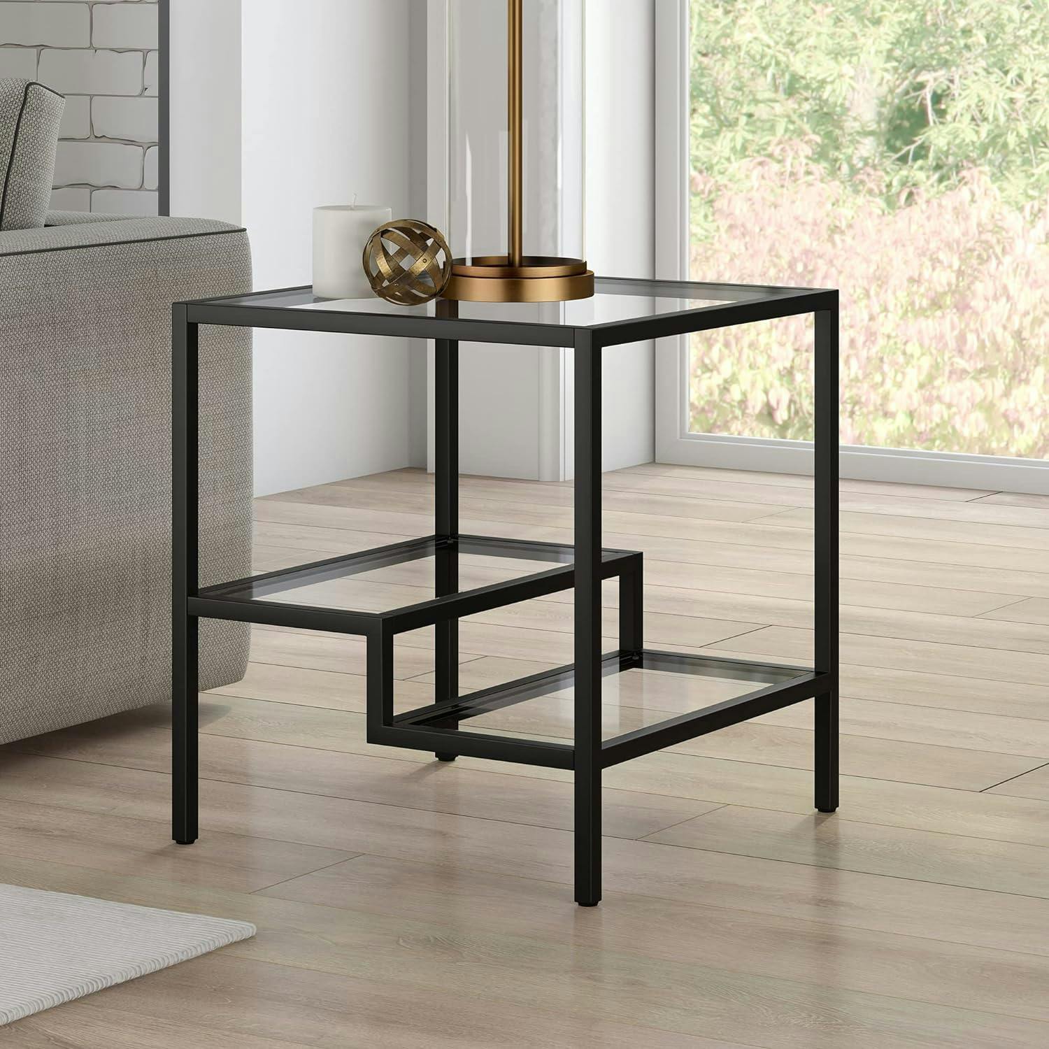 Contemporary Blackened Bronze 20" Square Glass Side Table