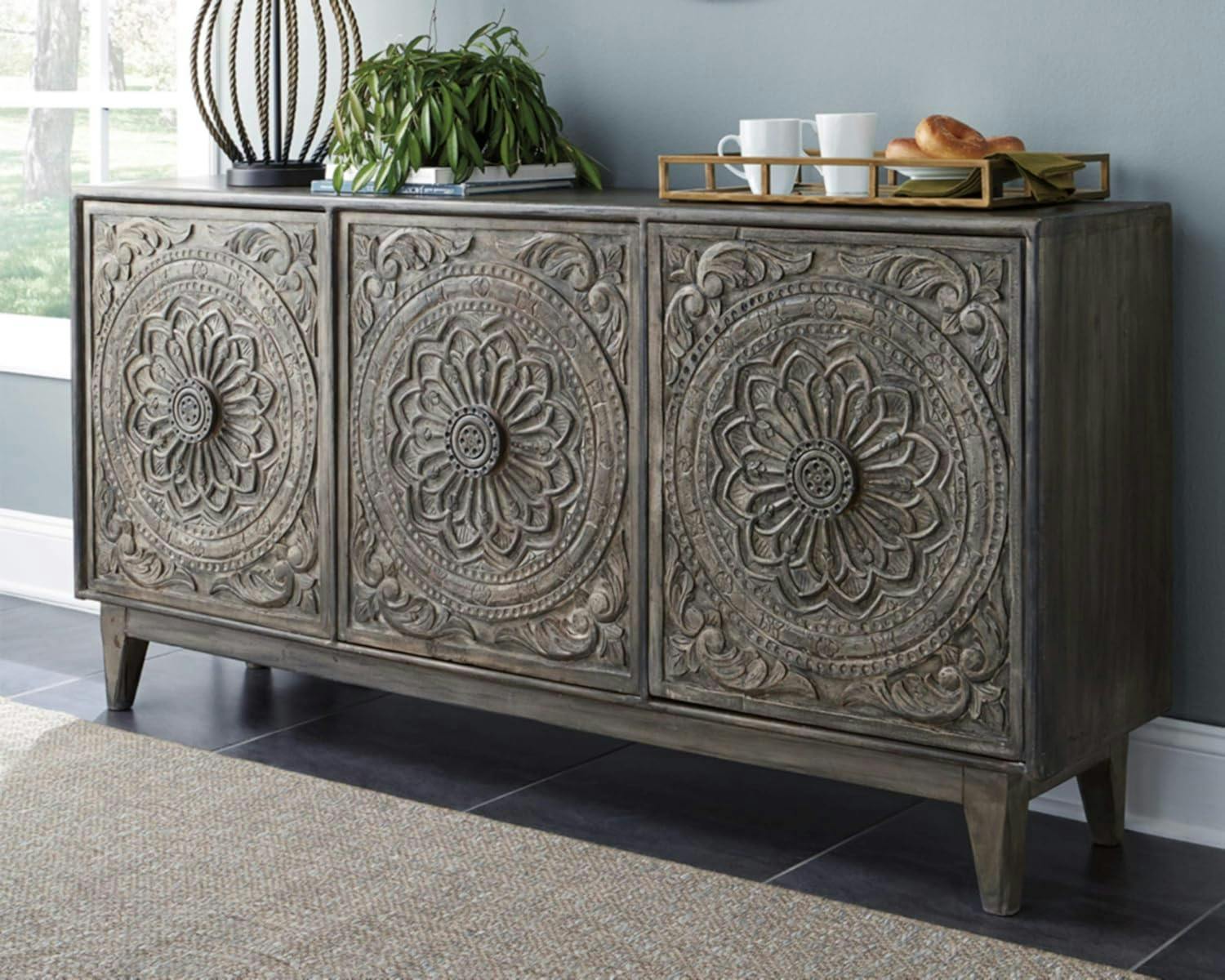 Exquisite Gray Hand-Carved 69'' Transitional Sideboard