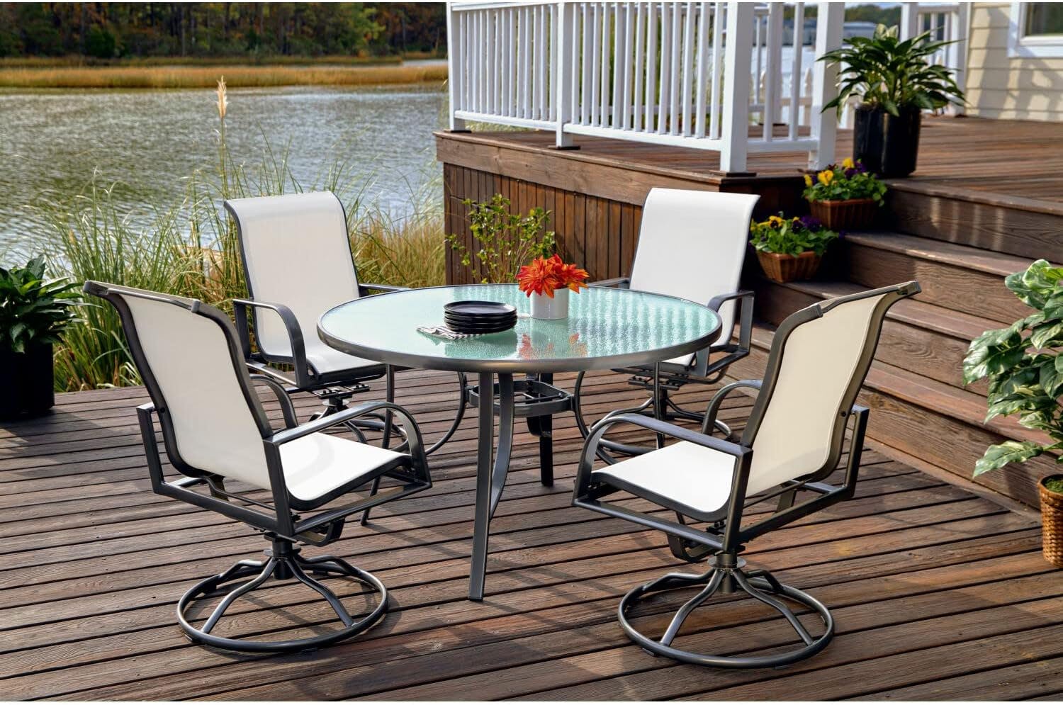 Phoenix Modern 48" White and Grey Glass-Top Outdoor Dining Set for 4
