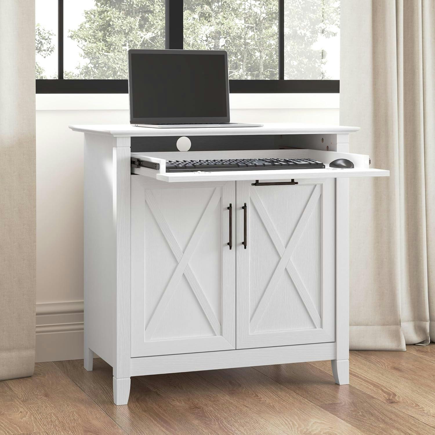 Casual Farmhouse Pure White Oak Secretary Desk with Adjustable Shelf
