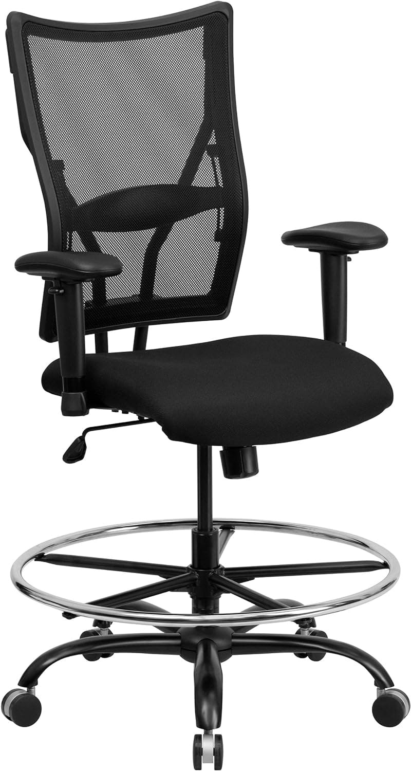 ErgoFlex Black Mesh Metal Drafting Chair with Adjustable Arms and High Back