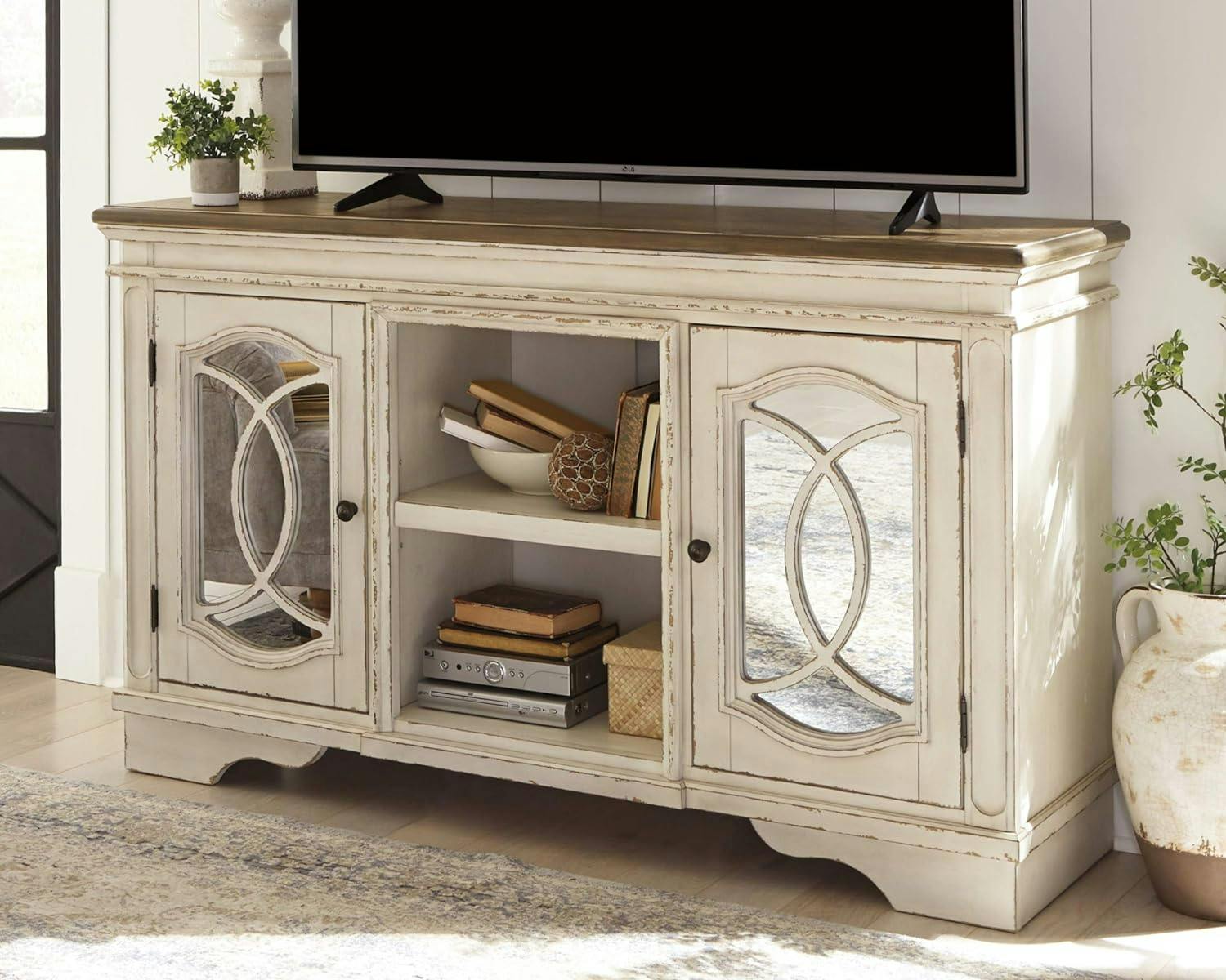 Realyn Chipped White 61" Traditional TV Stand with Fireplace Cabinet