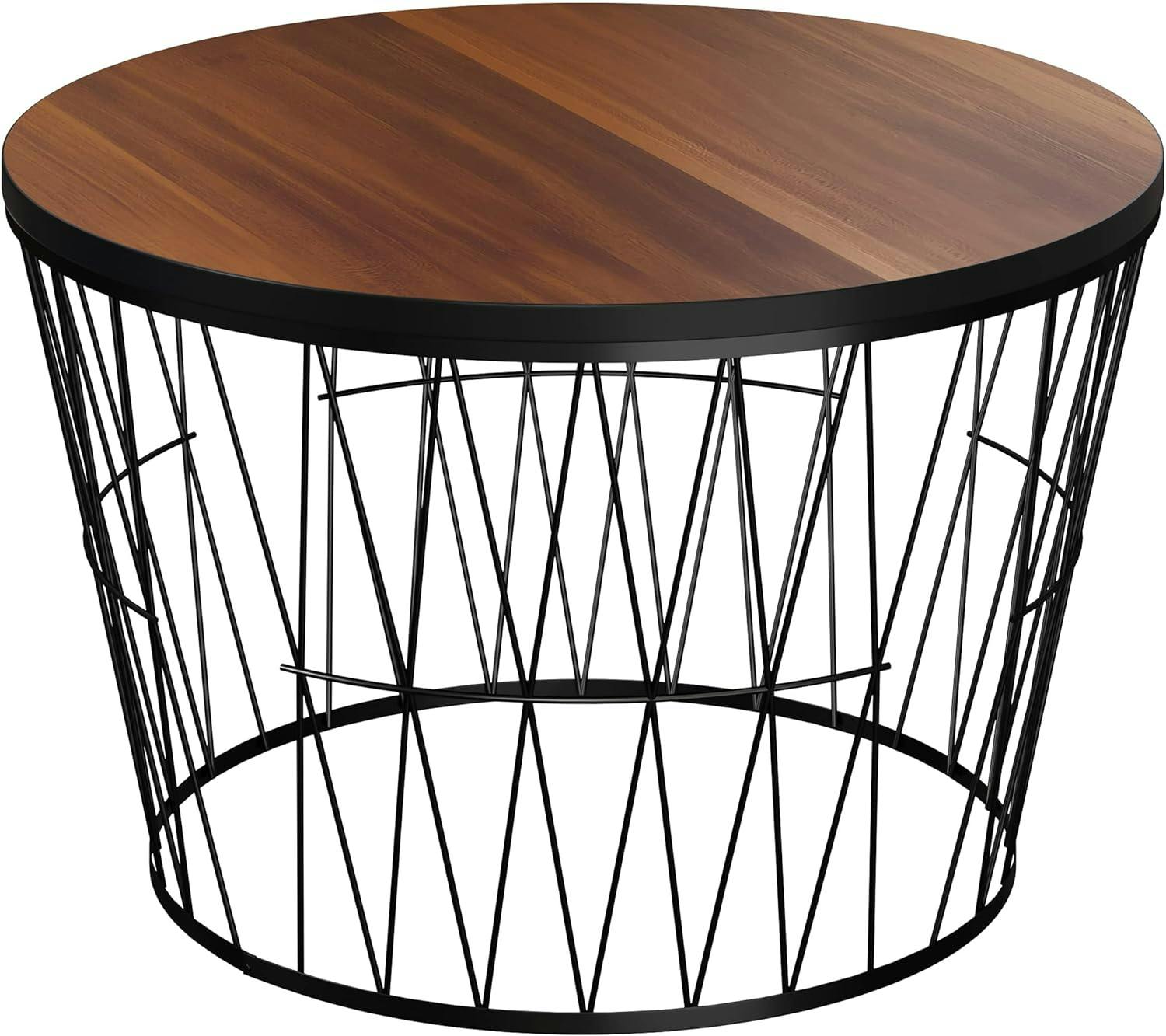 Mid-Century Modern Round Walnut & Black Coffee Table with Geometric Base