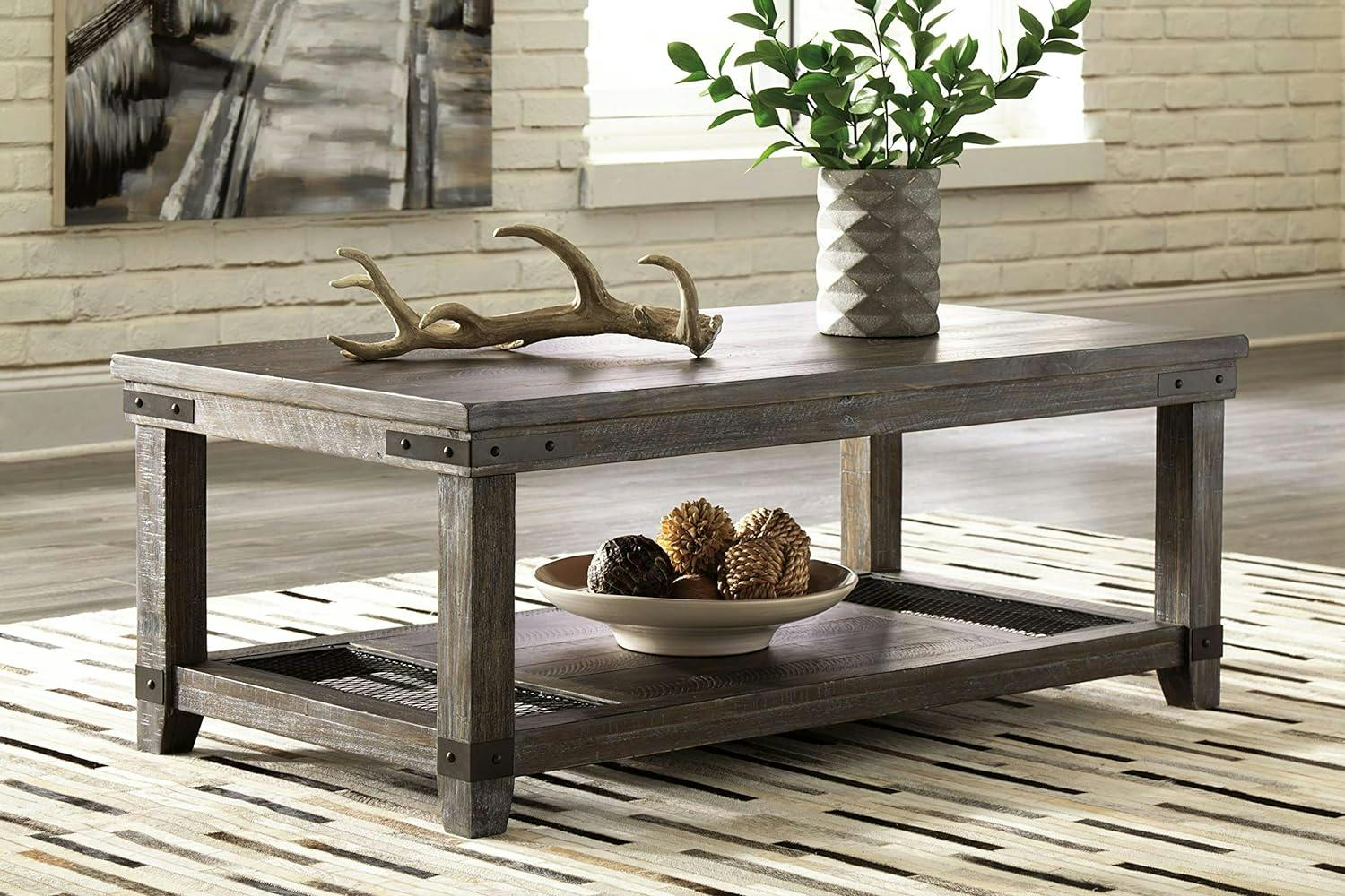 Modern Industrial Pine Wood Coffee Table with Iron-Tone Brackets
