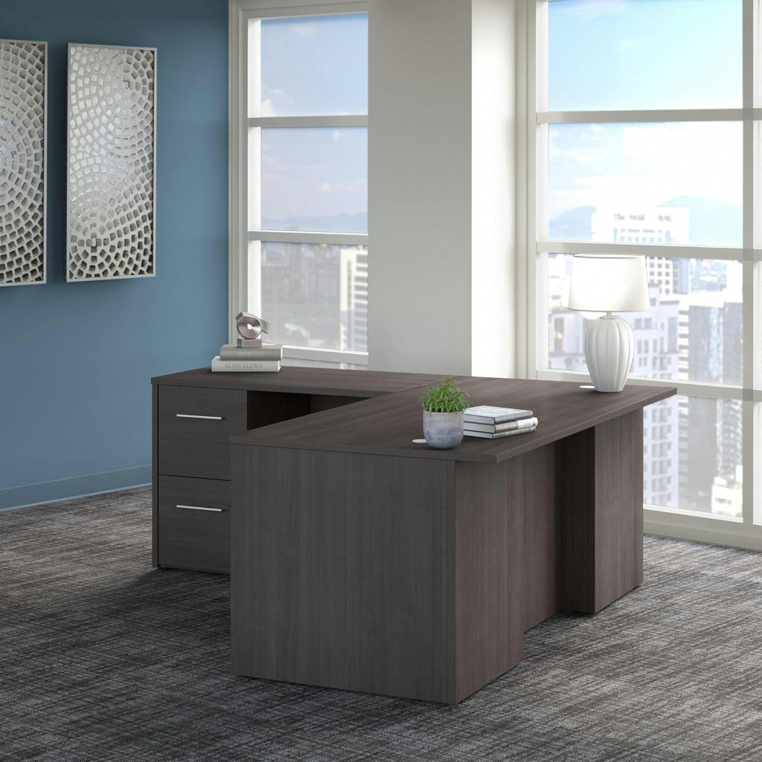 Storm Gray L-Shaped Executive Desk with Integrated Filing Cabinets