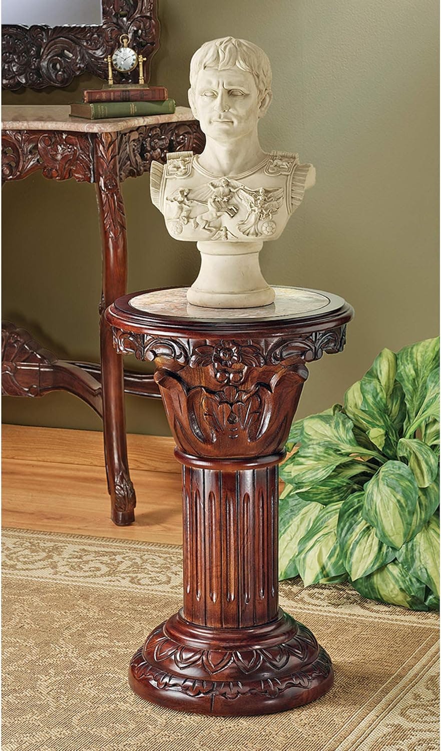 Rose-Hued Marble & Hand-Carved Wood Fluted Column, 28" Height