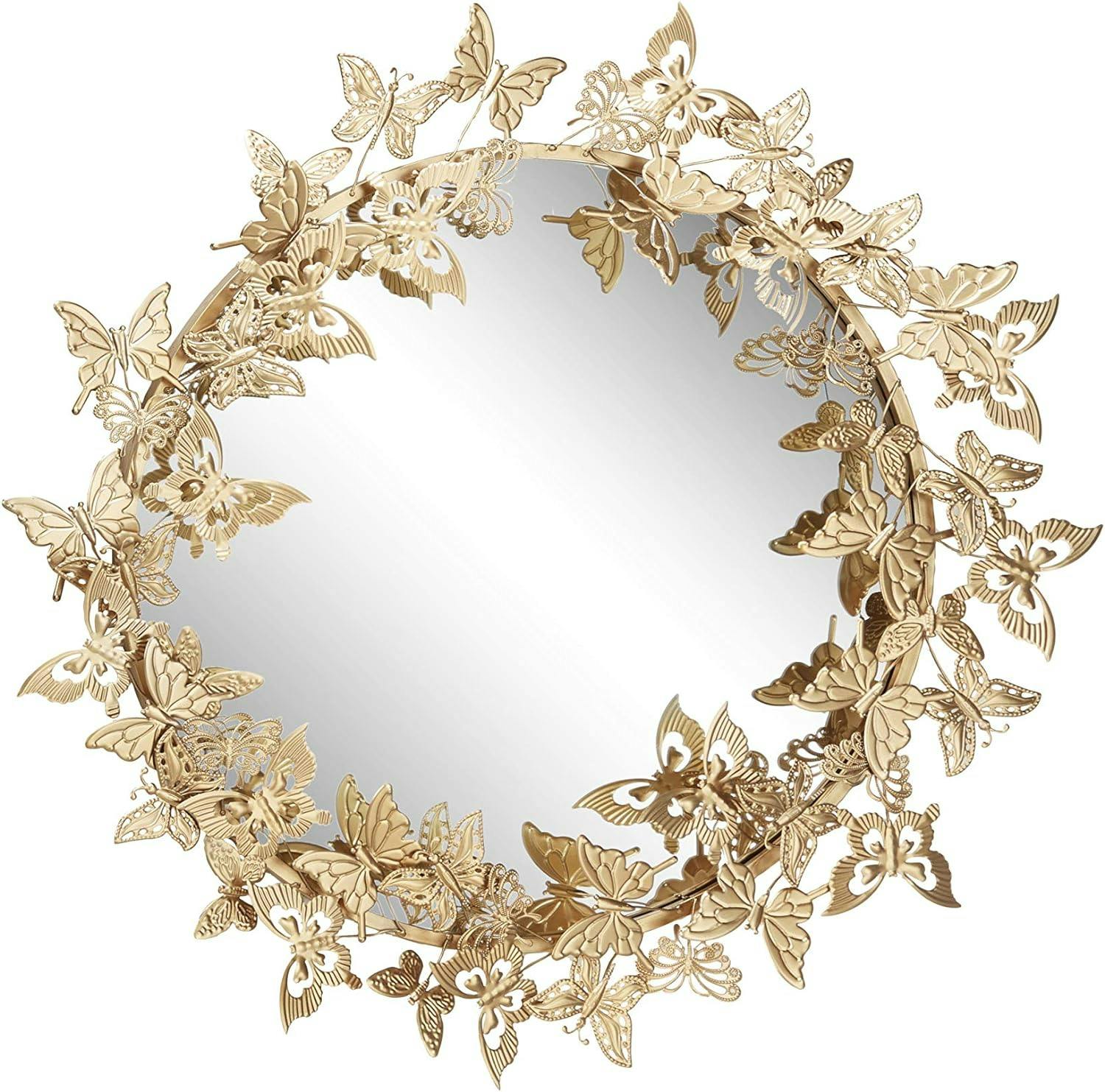 27.5" Round Wood & Gold 3D Butterfly Glam Wall Mirror