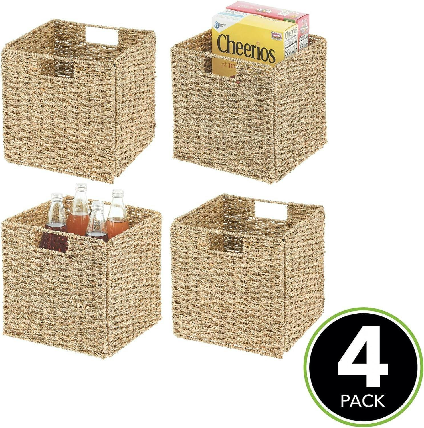 Natural Seagrass Rectangular Woven Kitchen Basket Set with Handles