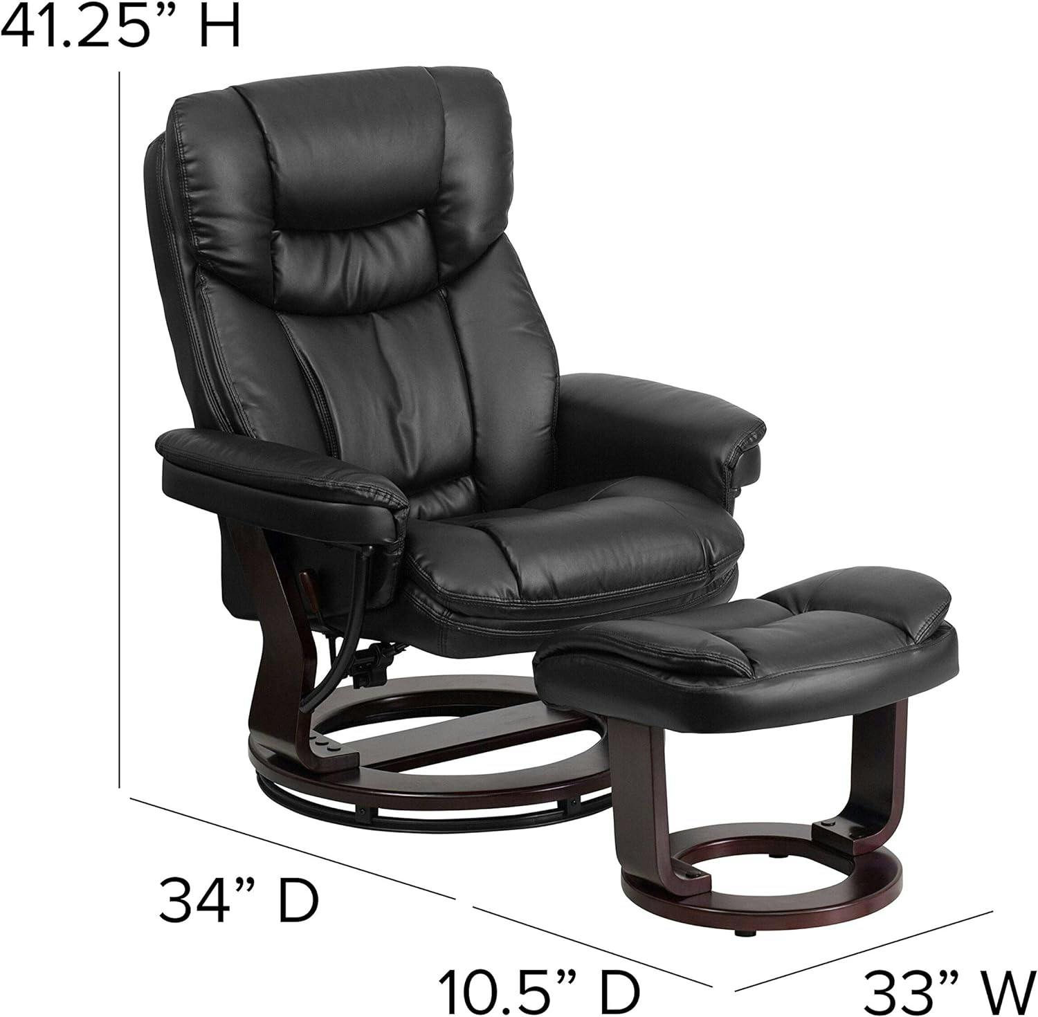 Sustainably Sourced Black Leather Swivel Recliner with Mahogany Wood Base