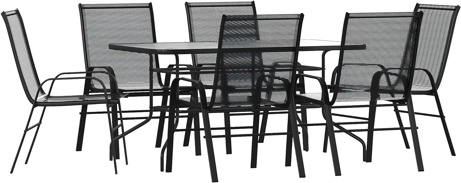 Brazos 7-Piece Black Steel & Tempered Glass Outdoor Dining Set