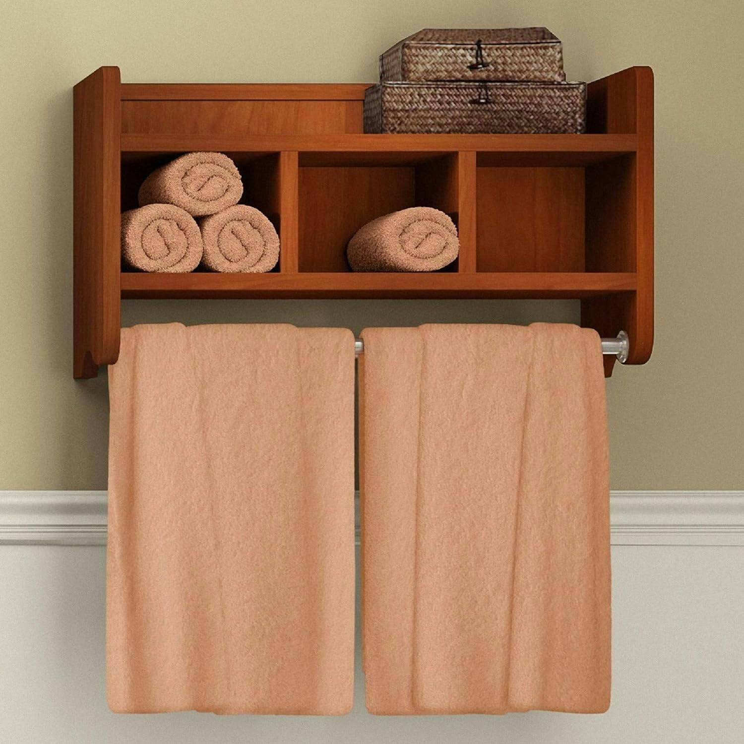 Chestnut Wood 25" Wall Mounted Bath Storage Shelf with Dual Towel Rods