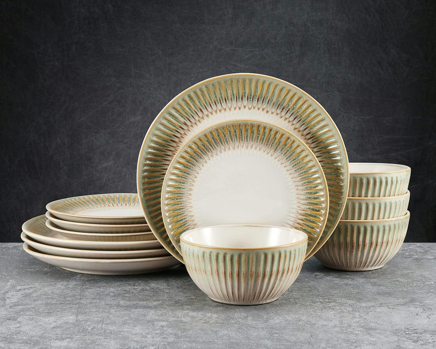 Hensley Green and White 12-Piece Stoneware Dinnerware Set for 4
