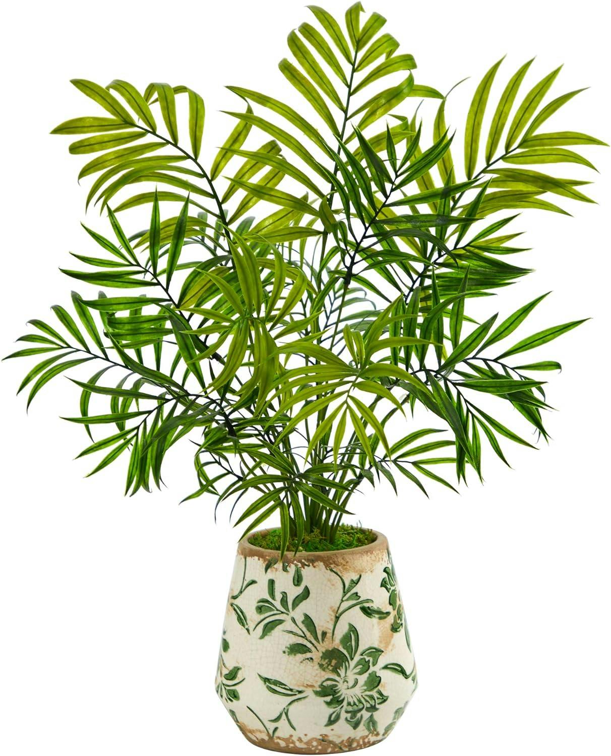 18" Mini Areca Palm Silk Plant in Floral Vase with Natural Moss