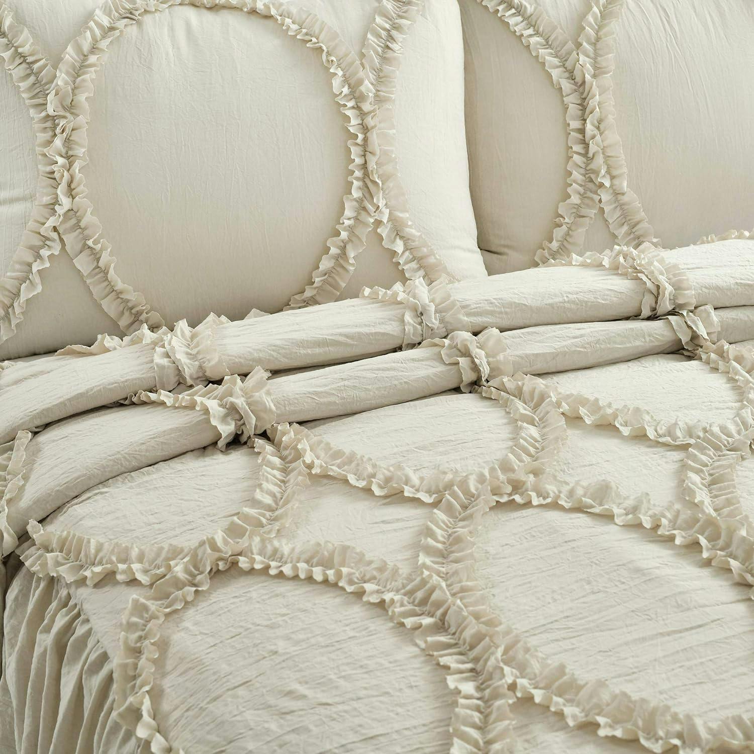 Elegant Neutral King Bedspread Set with Ruffled Ribbon Embroidery