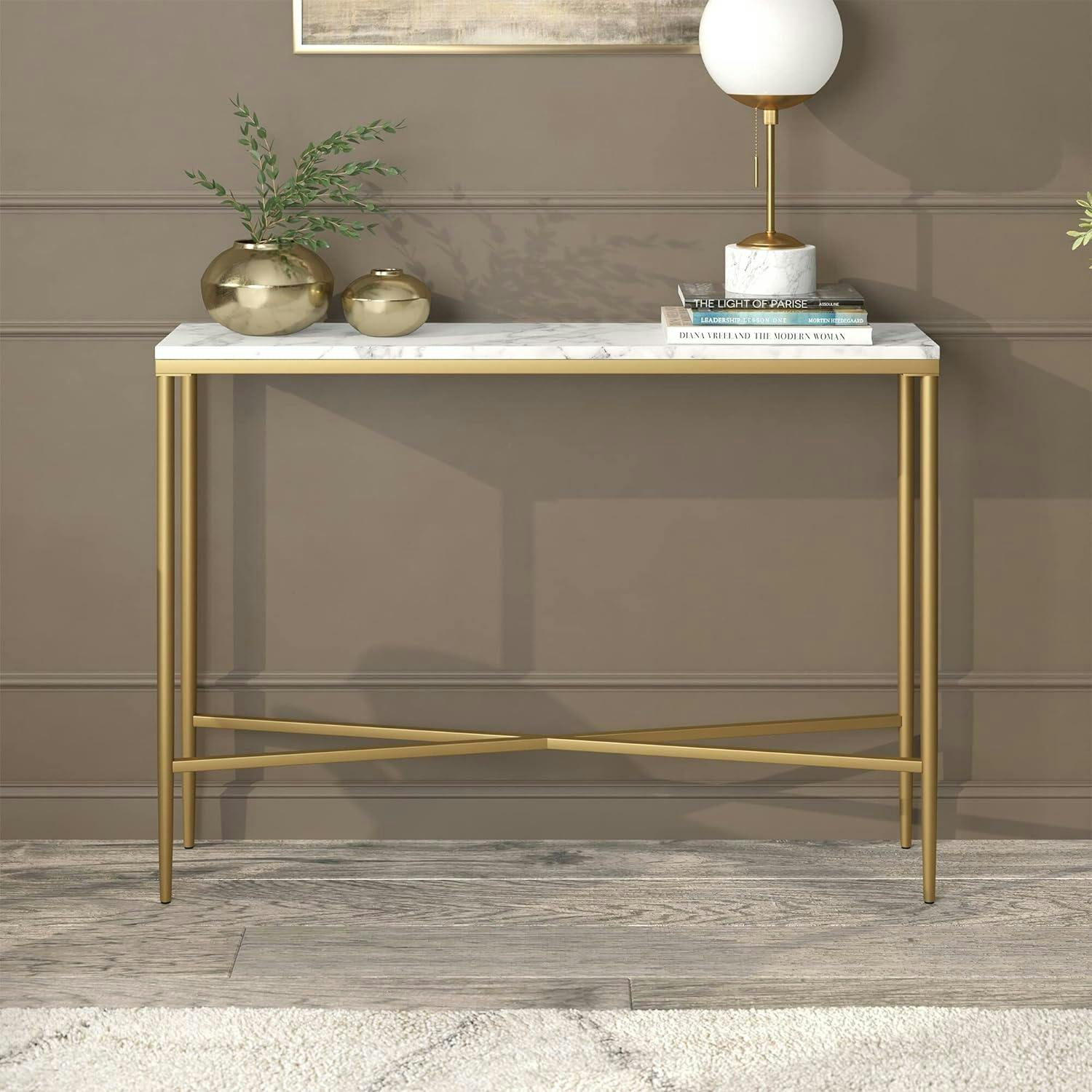 Huxley 42" Brass and Faux Marble Slim Console Table