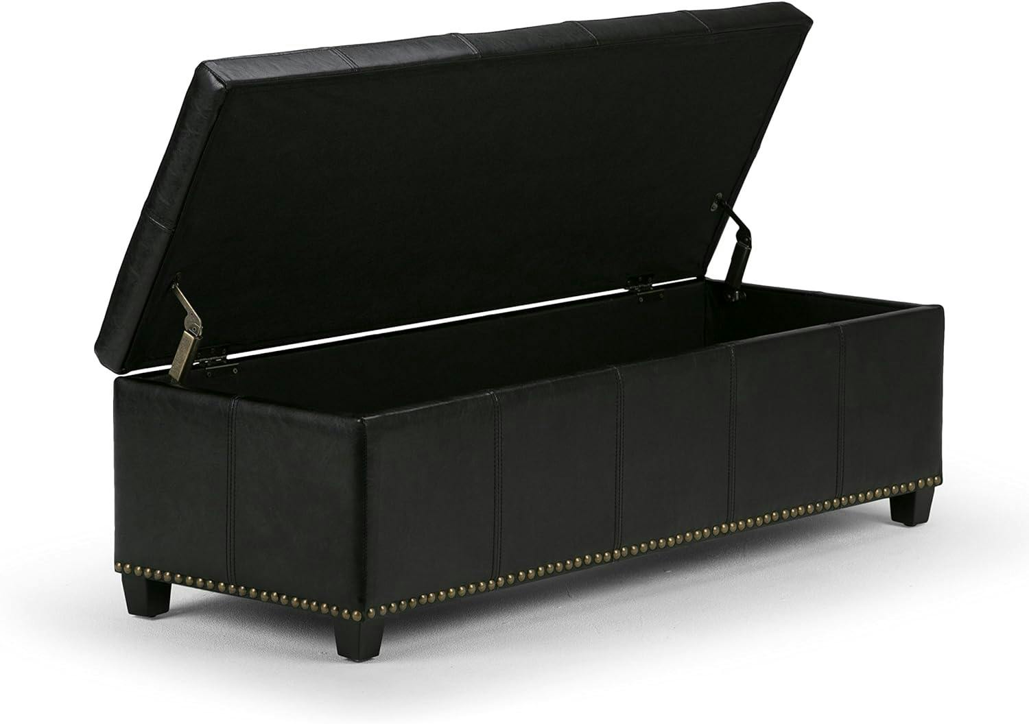 Midnight Black Bonded Leather Large Rectangular Storage Ottoman Bench