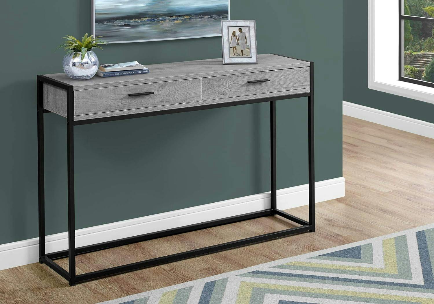 Modern Industrial Gray and Black Metal Rectangular Console Table with Storage