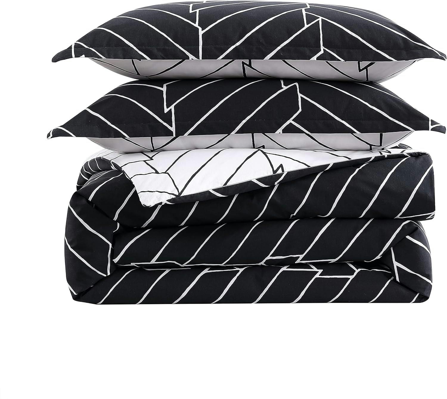 Reversible King Duvet Cover Set in Black and White Herringbone