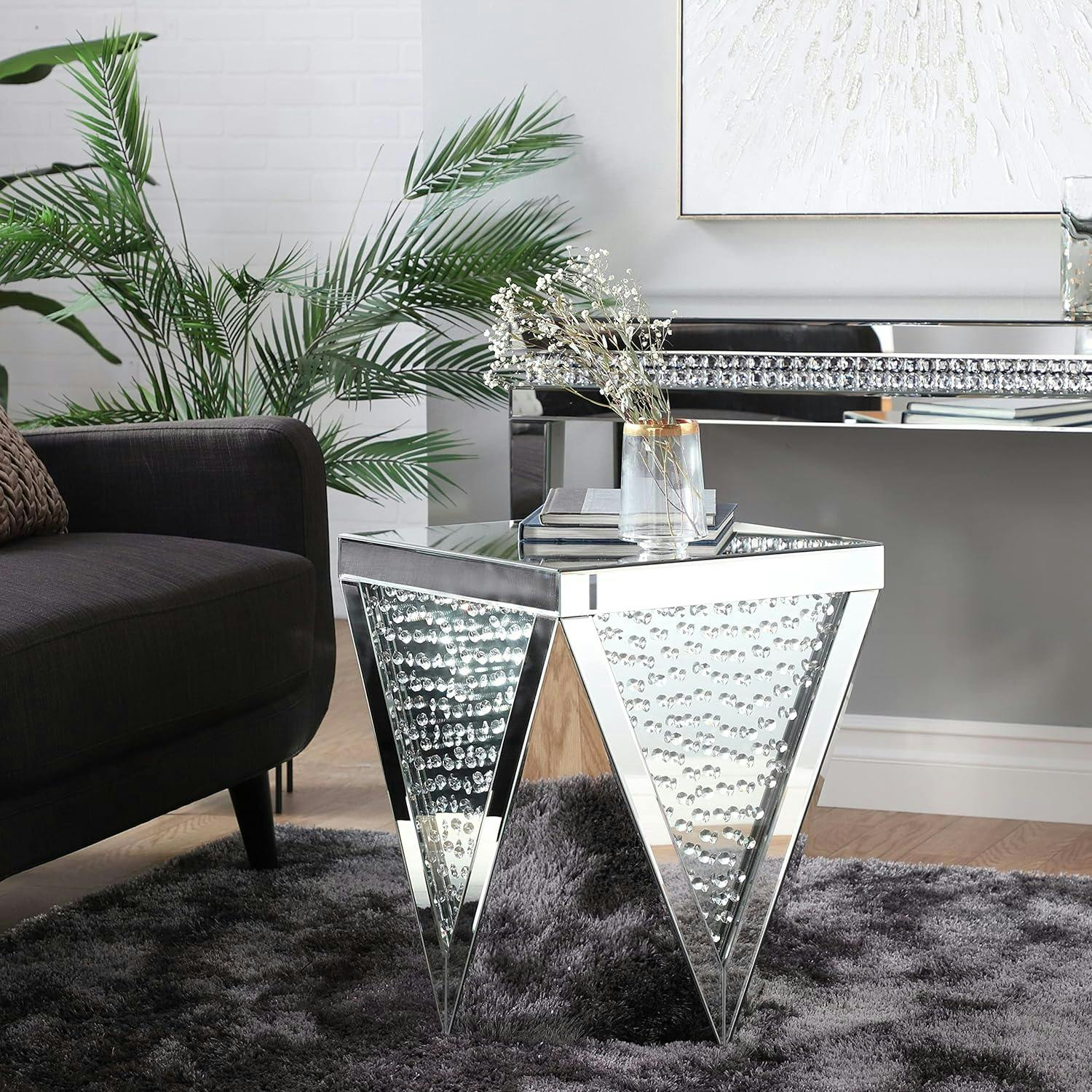 Elegant Silver Mirrored Geometric Accent Table with Crystal Accents