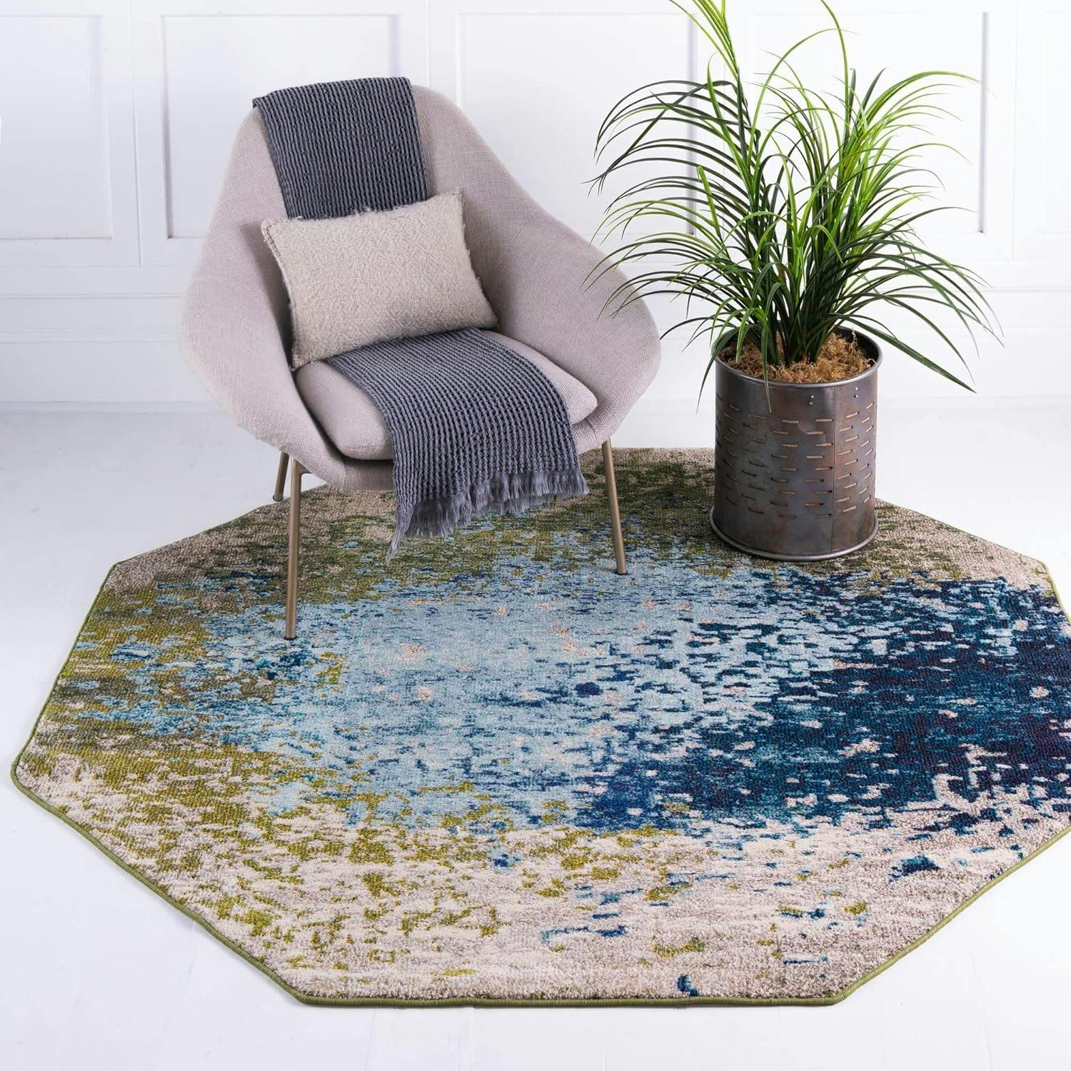 Blue Octagon Abstract Easy-Care Synthetic Area Rug