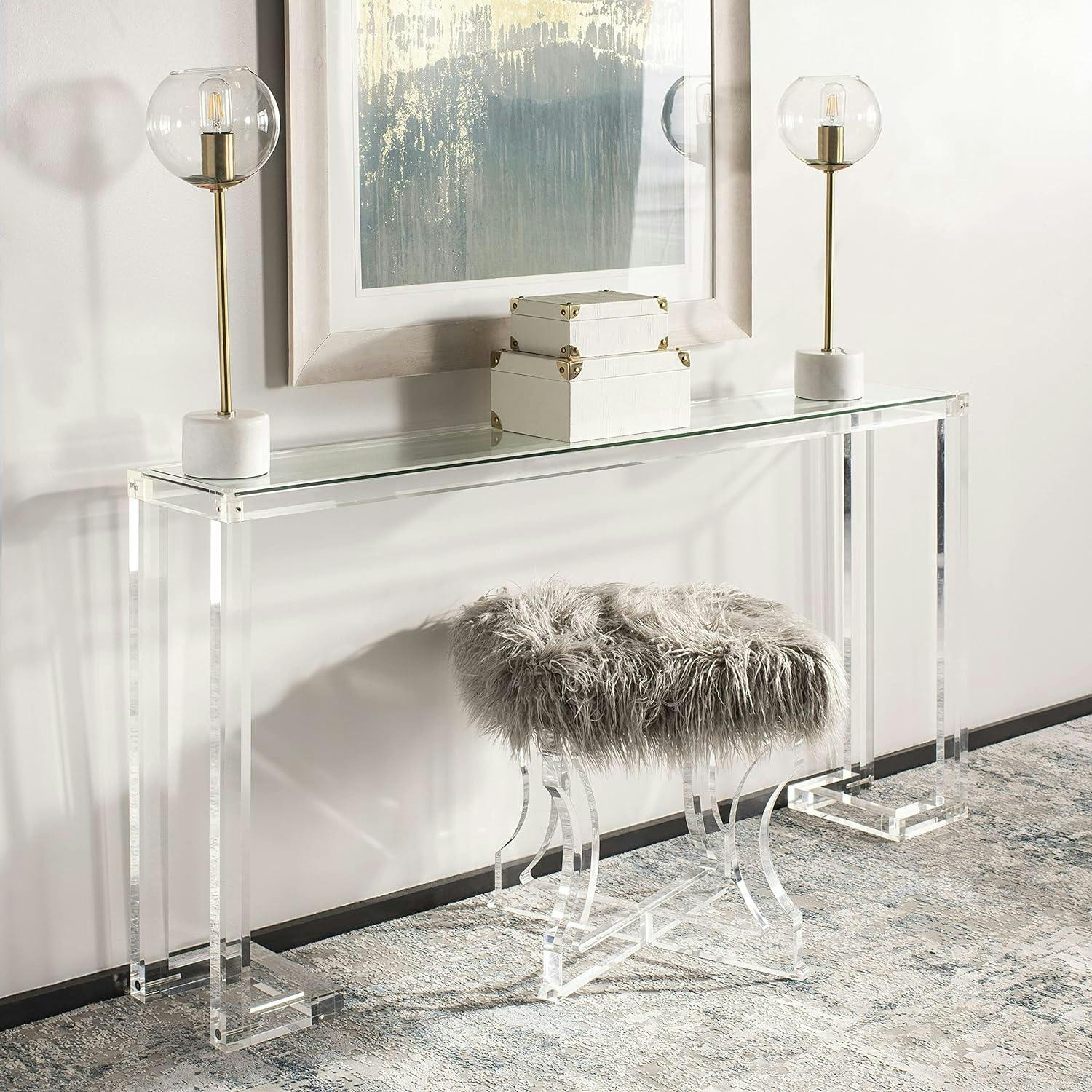 Transitional Clear Acrylic and Glass Console Table with Greek Key Design