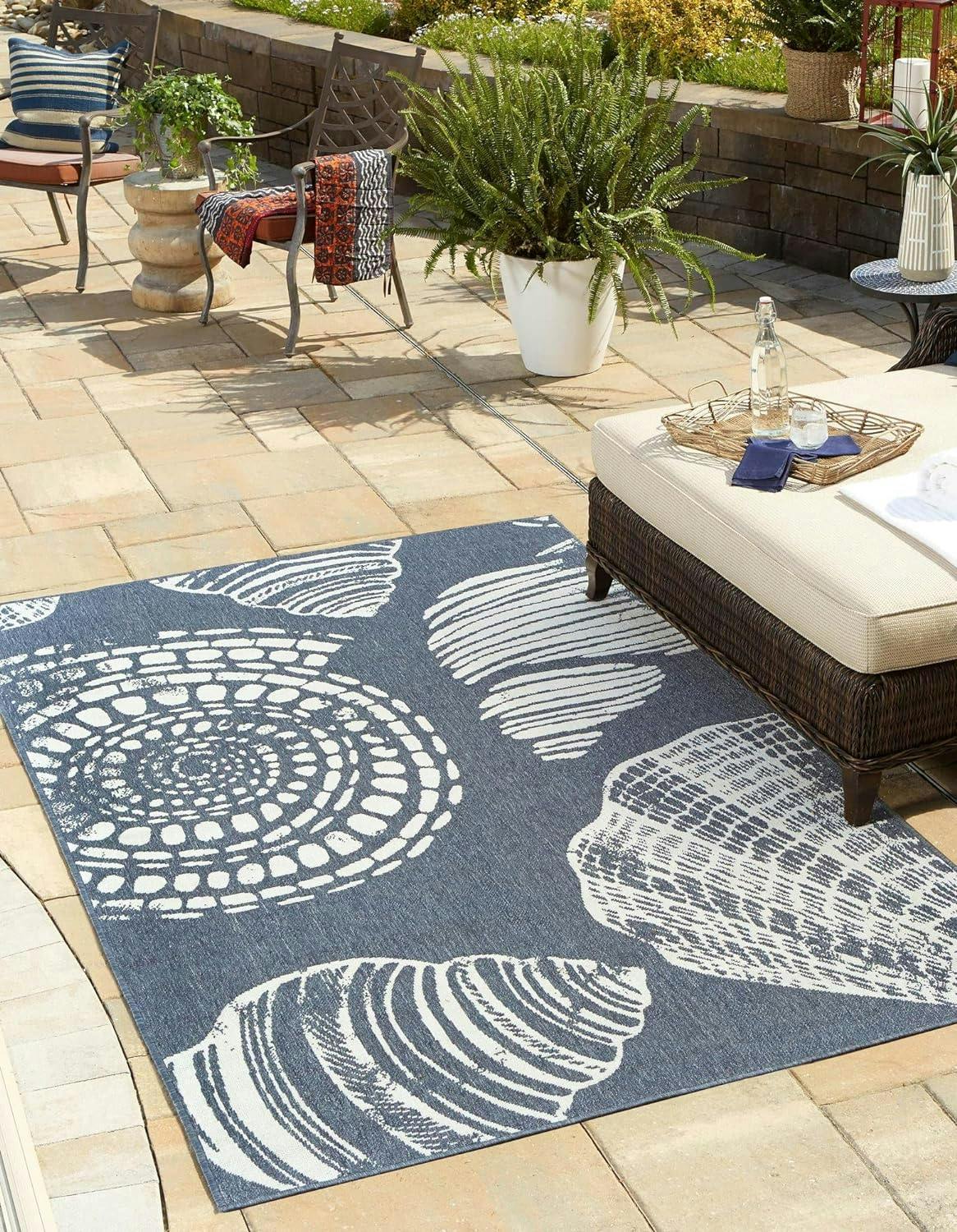 Navy Blue Abstract 9' x 12' Outdoor Synthetic Rug