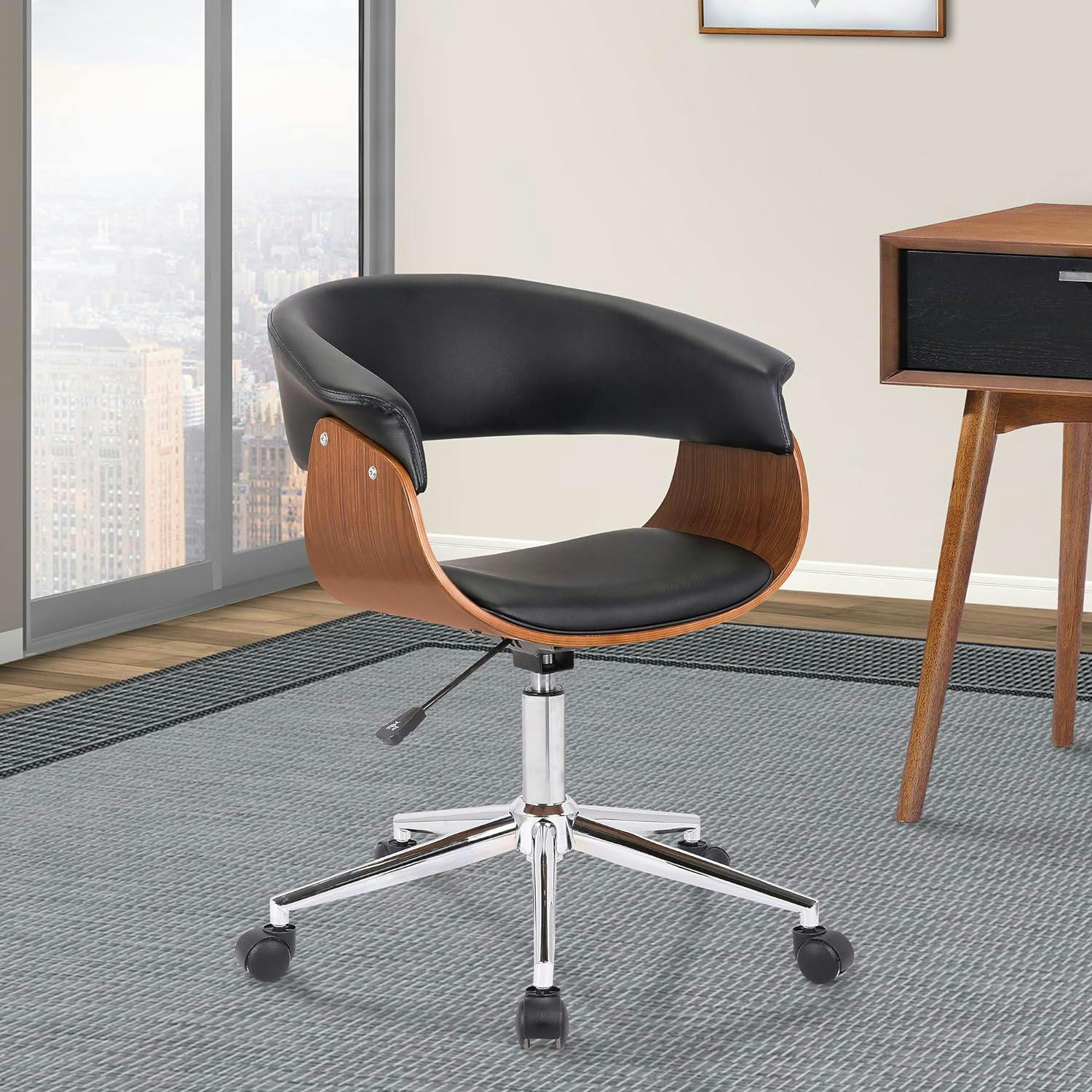 Bellevue Mid-Century Black Faux Leather Swivel Office Chair