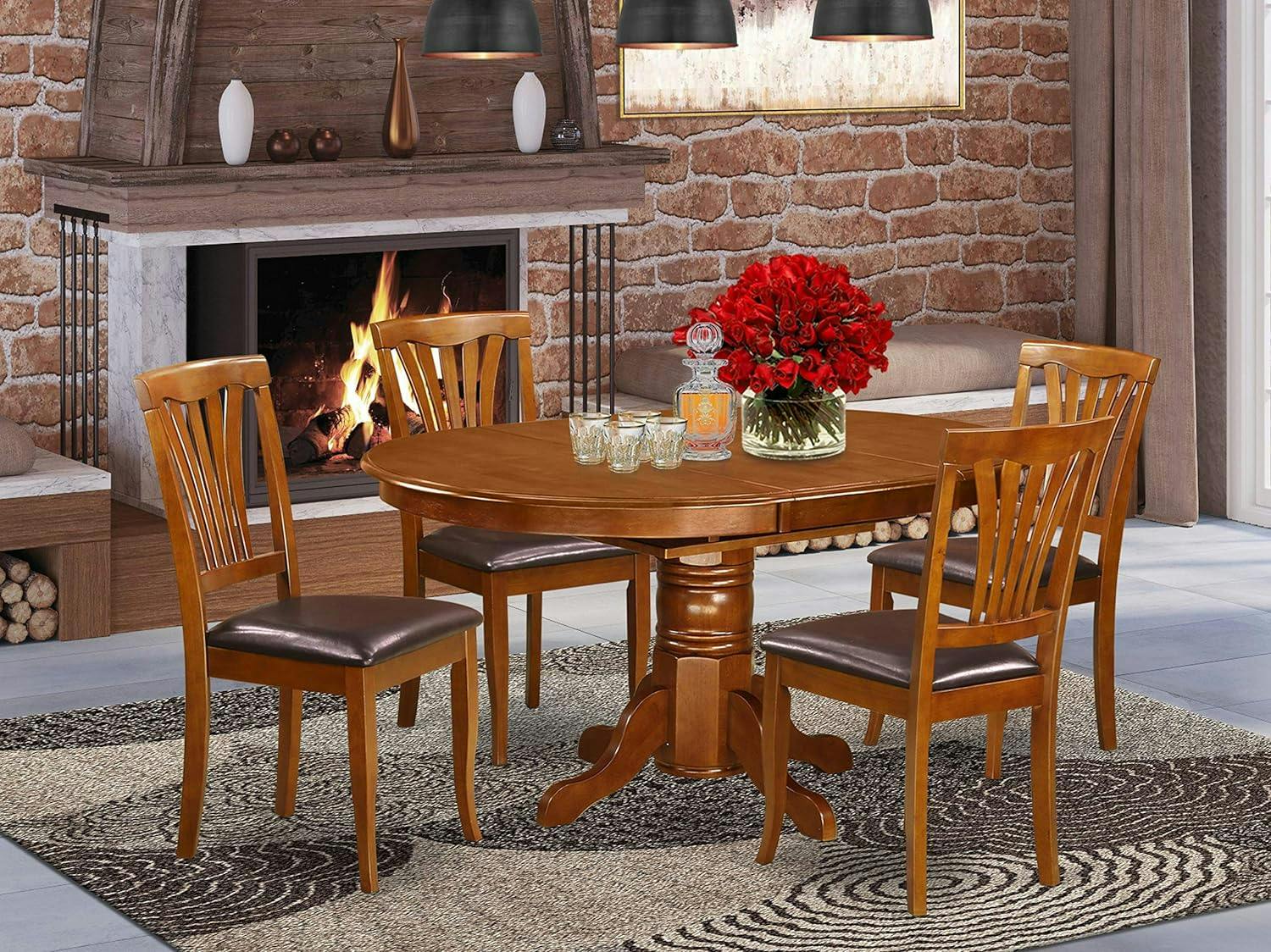 East West Avon 42"-60" Expandable Oval Table with 4 Saddle Brown Leather Chairs