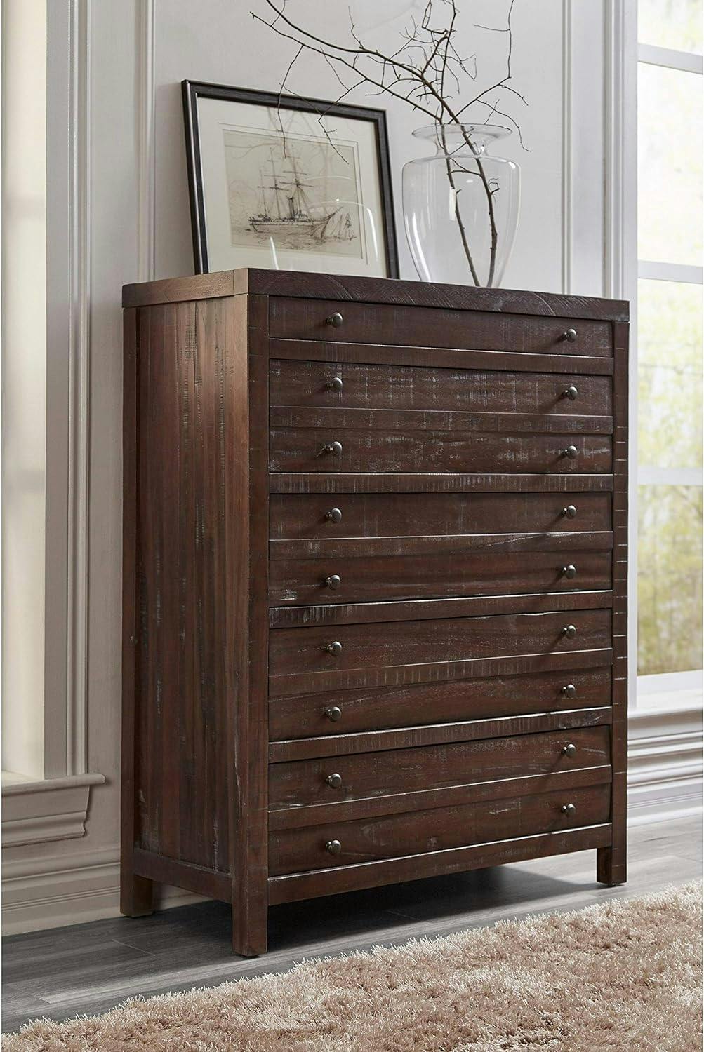 Rustic Java Solid Wood Chest with 5 Drawers and Felt Lined Top