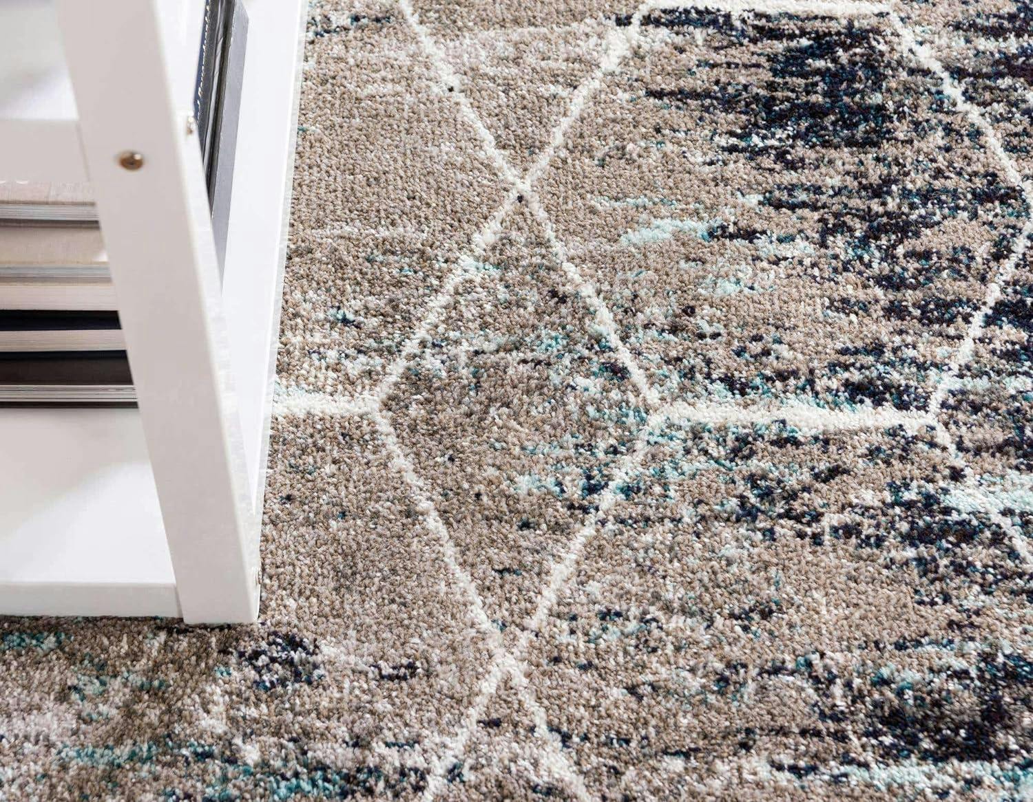 Beige and Blue Square Trellis Synthetic Area Rug