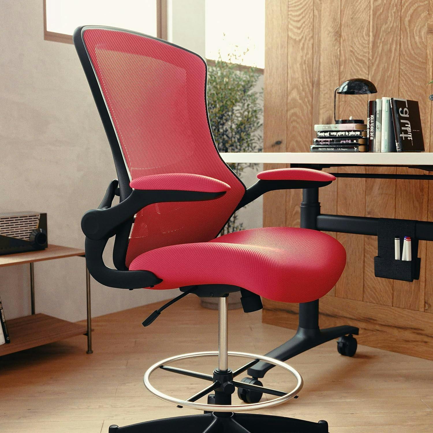 Kelista Mid-Back Red Mesh Drafting Chair with Adjustable Arms