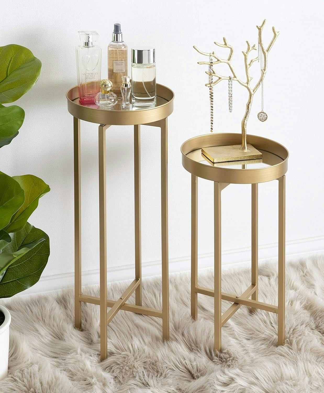 Glamorous Gold Round Metal & Glass Mirrored Side Table Set