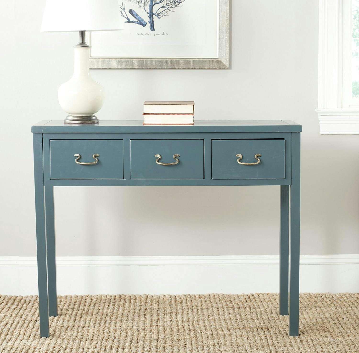Transitional Slate Teal 3-Drawer Rectangular Console Table with Brass Hinges