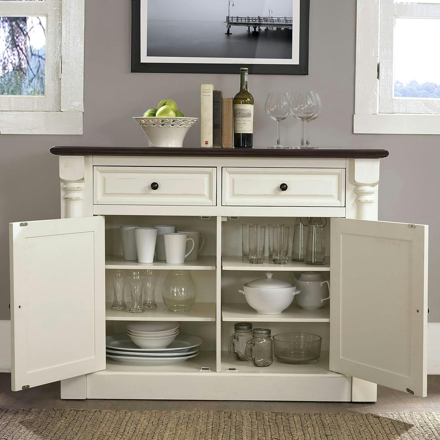 Elegant Distressed White Carved Sideboard with Adjustable Shelves
