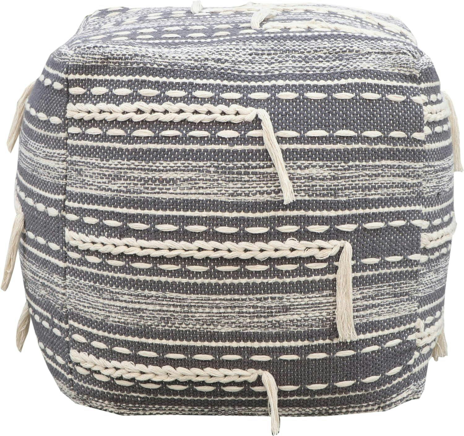Tassel-Trimmed Two-Tone Grey Woven Cotton Square Pouf