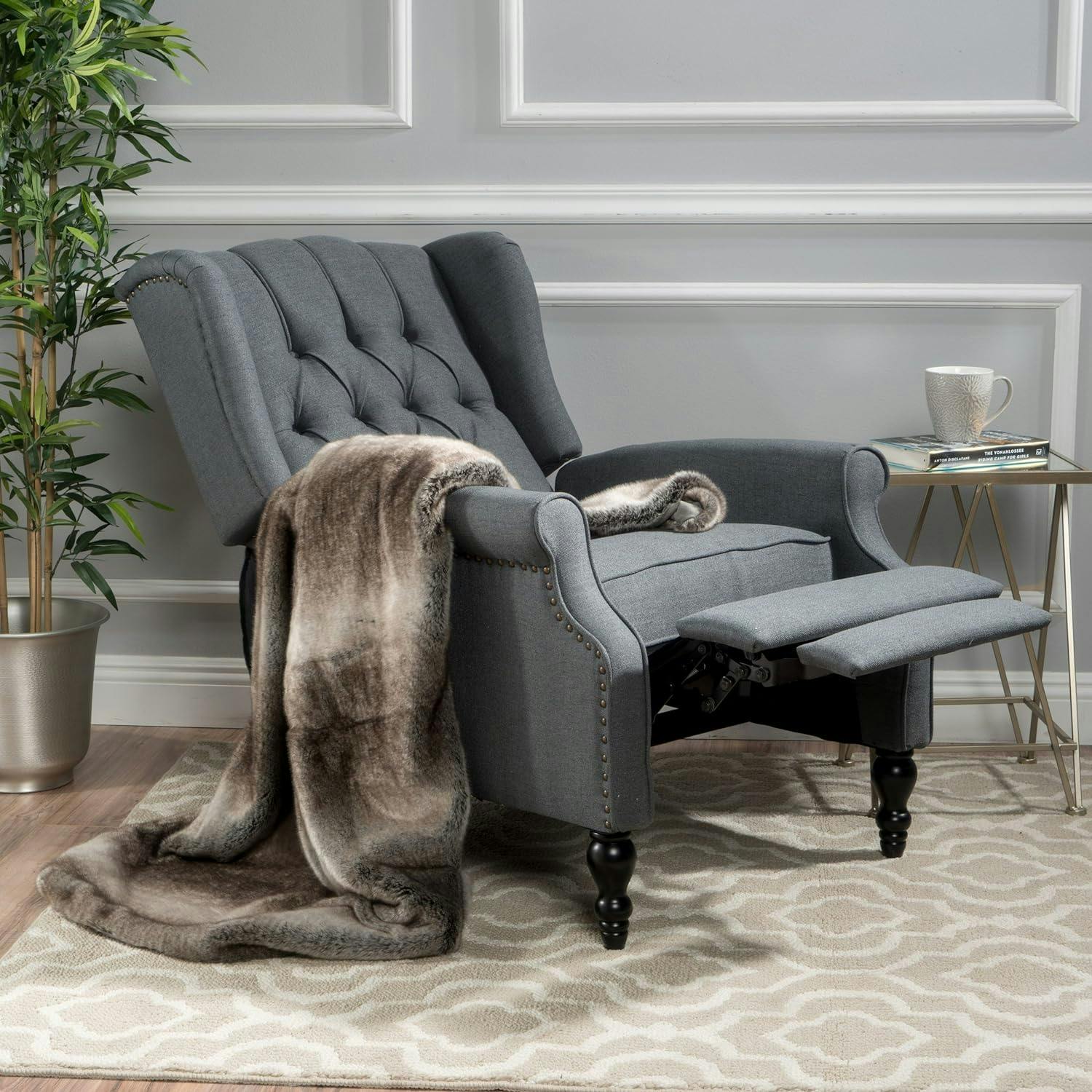 Charcoal Wingback Pushback Recliner with Button-Tufted Accents