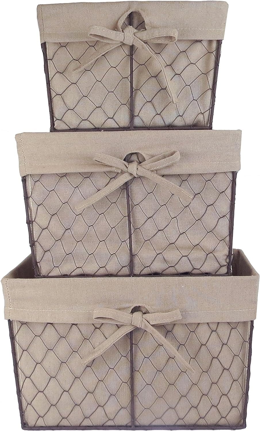Rustic Country Rectangular Wire Basket Set with Beige Liners, Set of 3