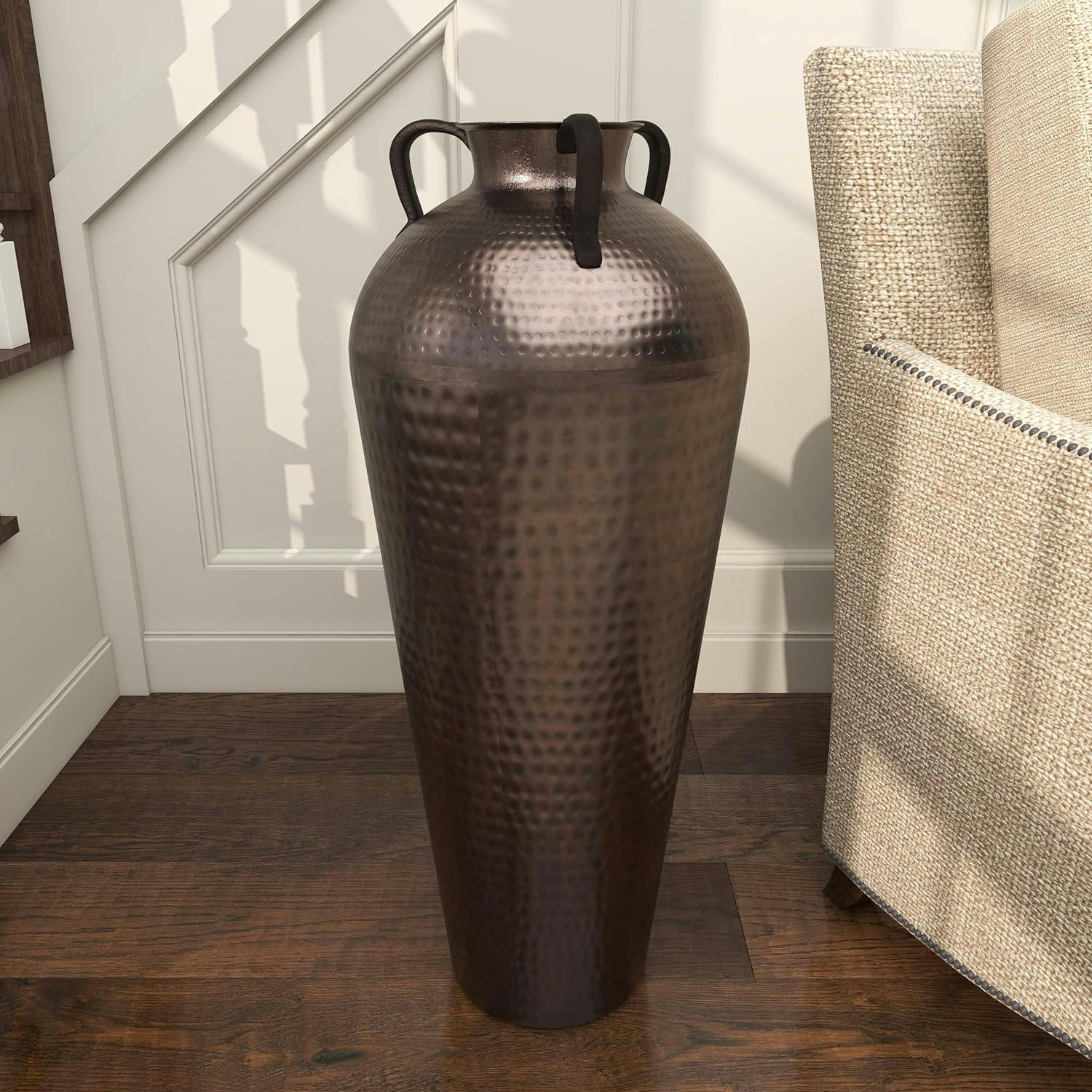 Mediterranean Elegance 32" Tall Brown Metal Floor Vase with Hammered Finish