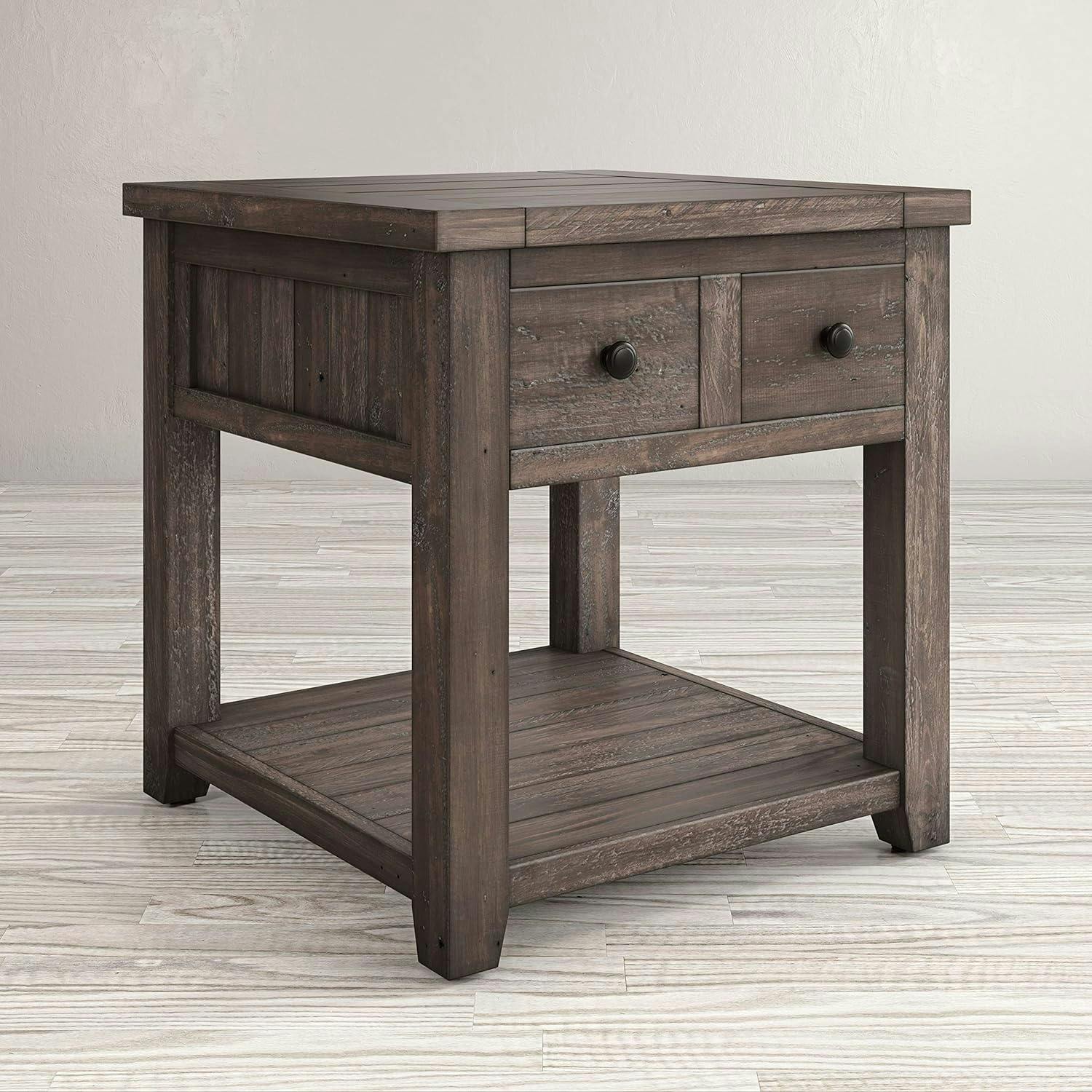 Rustic Reclaimed Pine Square End Table with Storage, Barnwood Brown
