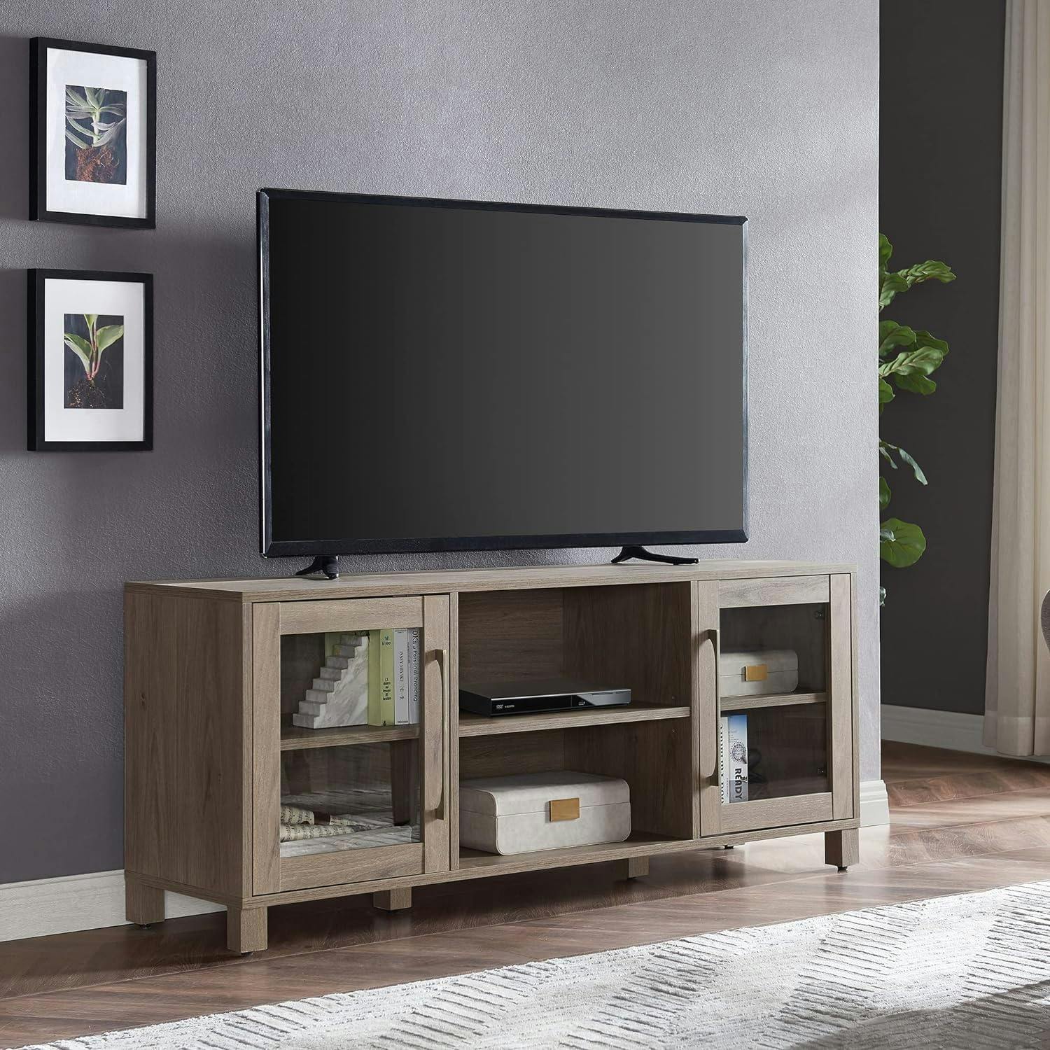 Quincy 58'' Gray Wash Solid Wood TV Stand with Enclosed Cabinets