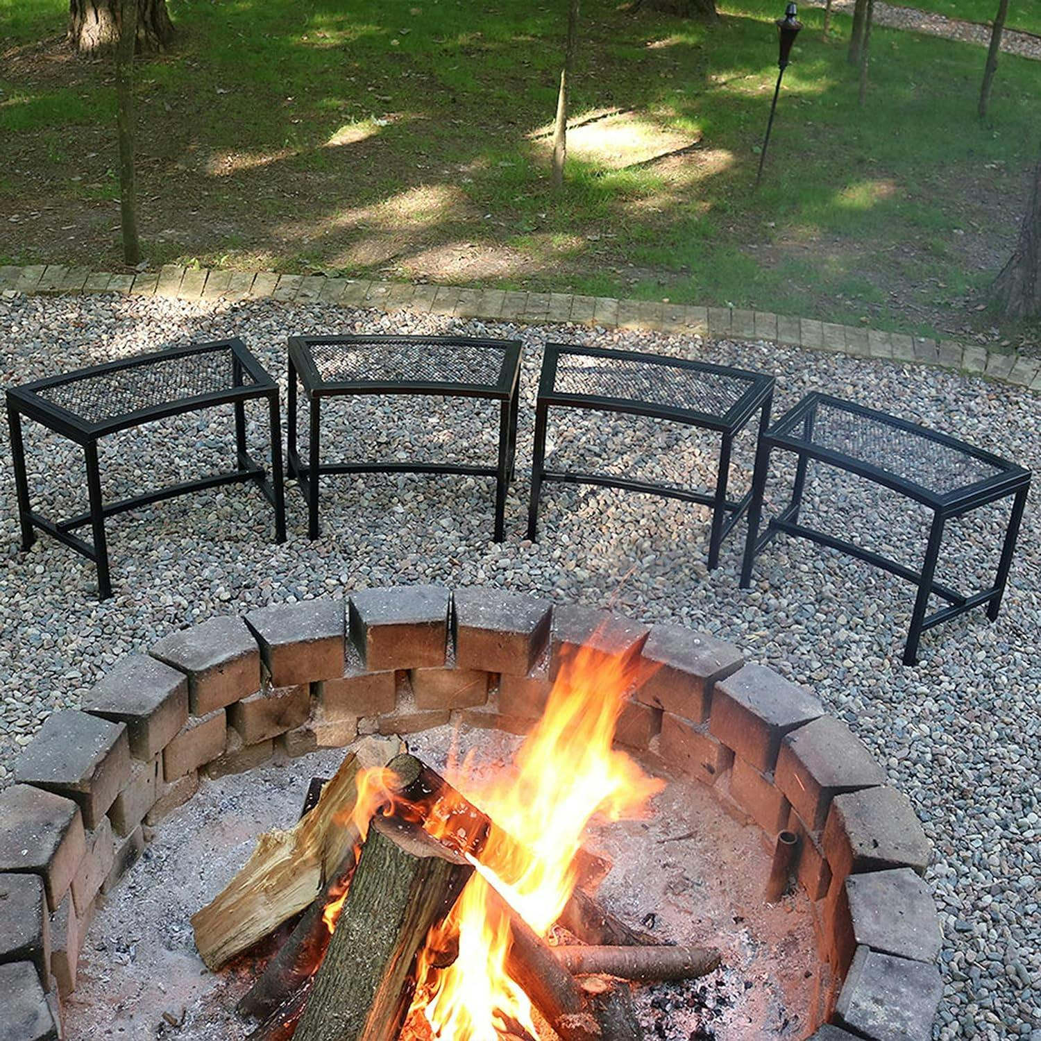 Curved Black Mesh Metal Outdoor Fire Pit Bench Set of 4