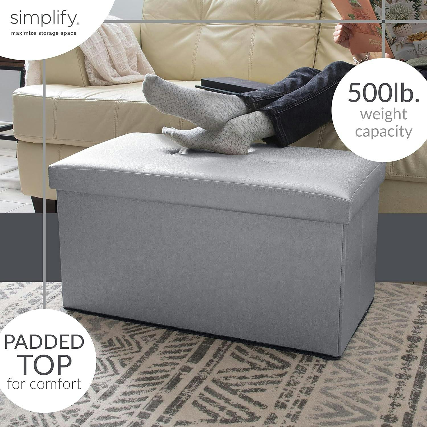 Classic Gray Faux Leather Folding Storage Ottoman Bench