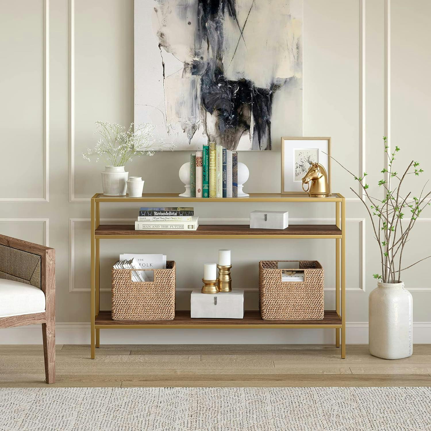 Aurora 48'' Gold Frame Console Table with Walnut Shelves & Glass Top